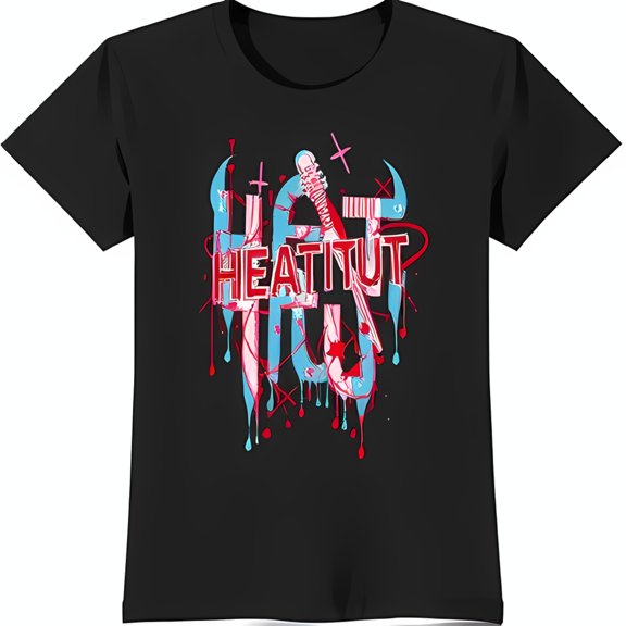 Bold Black T-Shirt with 'Heat It Up' Graphic & Dripping for Rock Fans