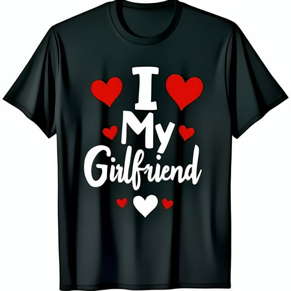 Bold Black T-Shirt with I Love My Girlfriend Graphic & Heart Design