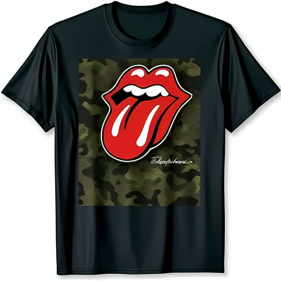 Bold Black T-Shirt with Iconic Red Tongue & Lips Graphic on