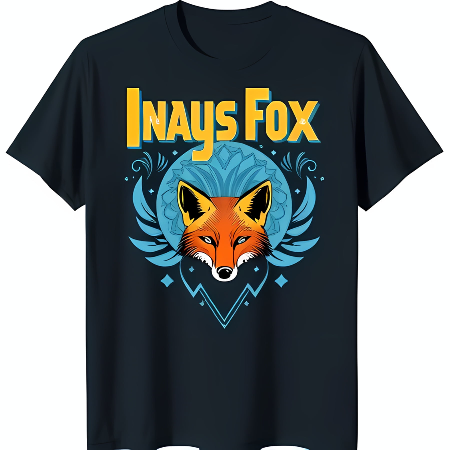 Bold Black TShirt with 'Inays Fox' Graphic White Wings & Floral Design