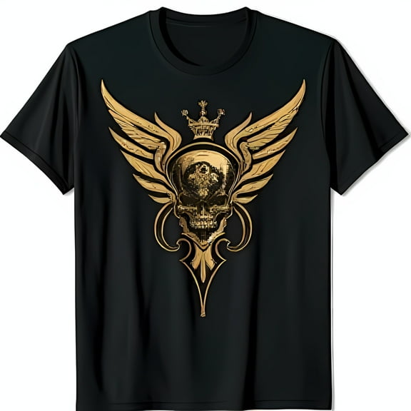 Bold Black T-Shirt with Intricate Gold and Winged Crown Graphic