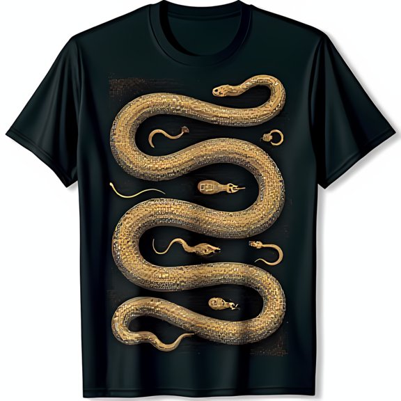 Bold Black T-Shirt with Intricate Golden Snake Graphic Eye Catching Design