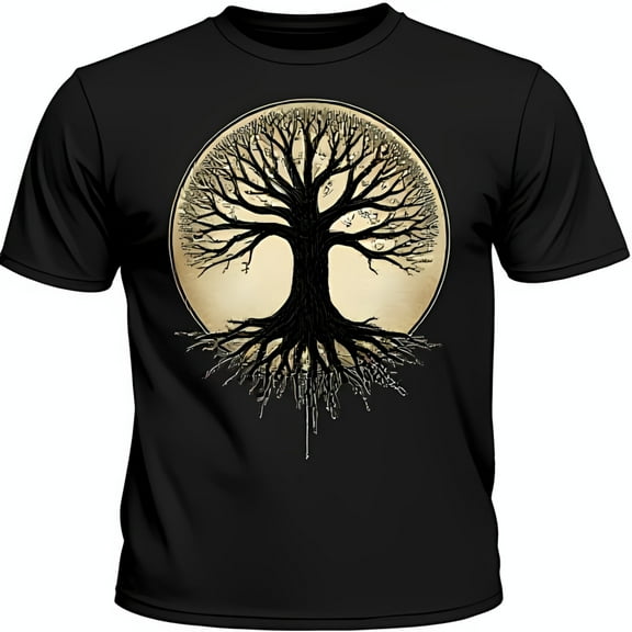Bold Black T-Shirt with Intricate Graphic Symbol of Growth