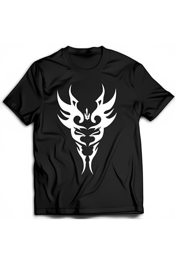 Bold Black T-Shirt with Intricate White Tribal Chest Graphic Design