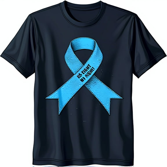 Bold Black T-Shirt with Light Blue Ribbon Graphic: 'We Fight My Right' Statement Tee