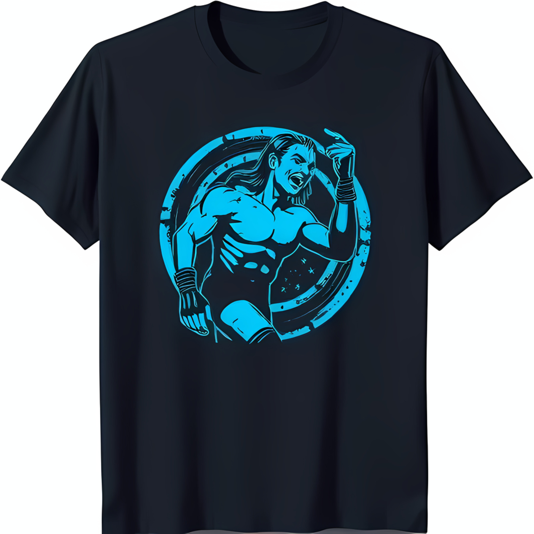 Bold Black TShirt with Light Blue Wrestler Graphic Fierce Fighting