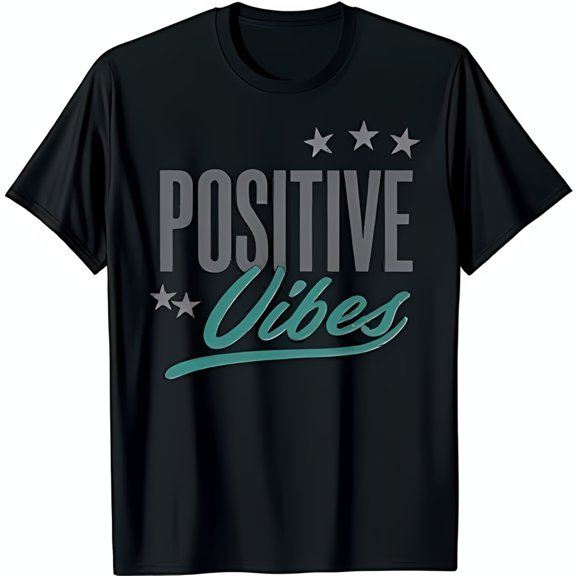 Bold Black T-Shirt with POSITIVE Vibes Graphic Stylish Grey & Teal Design