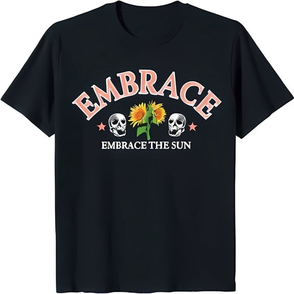Bold Black T-Shirt with Pink 'EMBRACE' Graphic Sunflower & Skulls Design