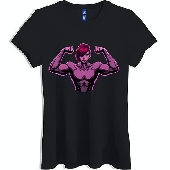 Bold Black T-Shirt with Pink Muscular Woman Graphic Stylish & Unique Design