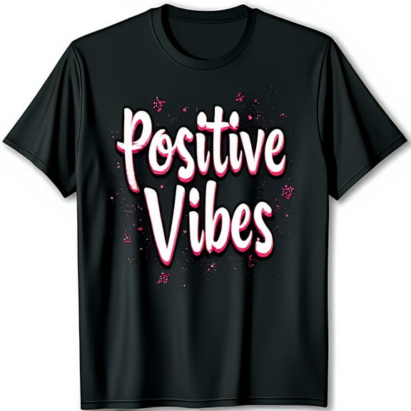 Bold Black T-Shirt with 'Positive Vibes' Graphic Pink & White Design