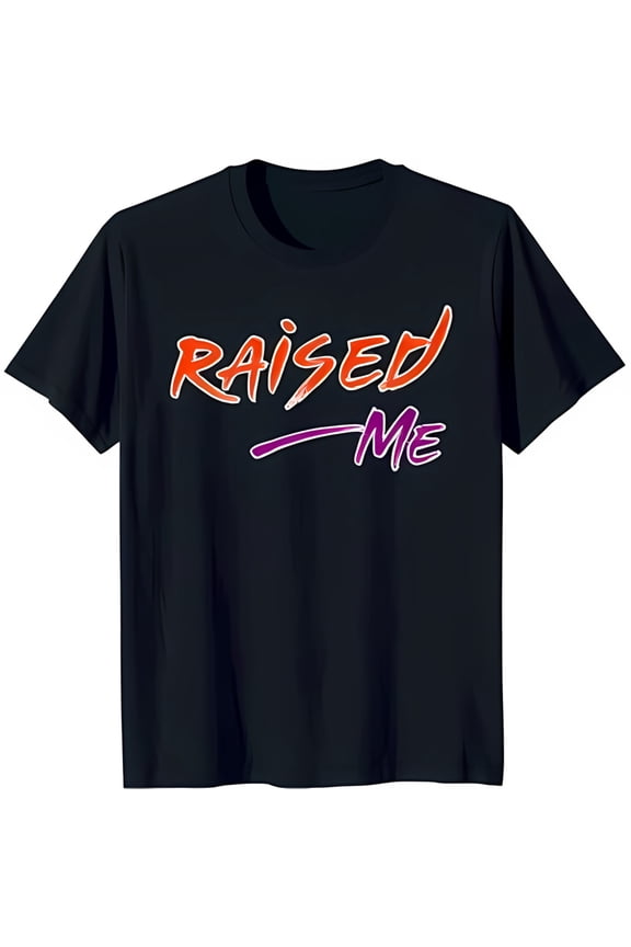 Bold Black T-Shirt with 'RAISED ME' in Colorful Gradient Design Unique Graphic Tee