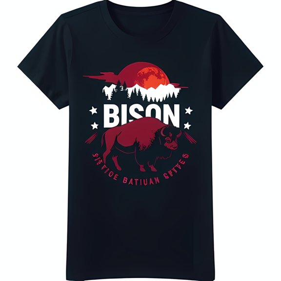 Bold Black T-Shirt with Red Bison Graphic Moon & Mountain Design