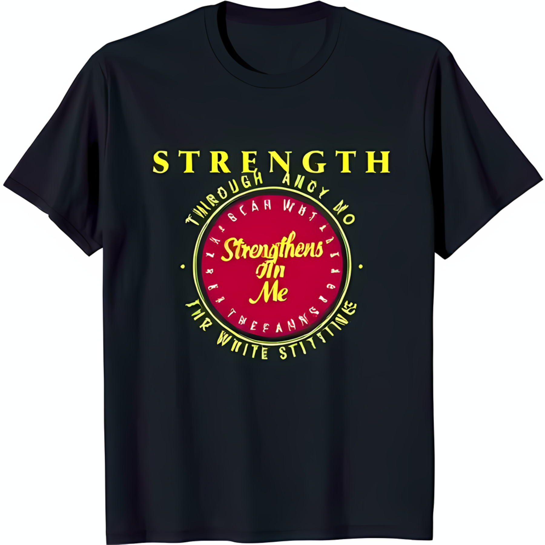 Bold Black TShirt with Red & Yellow 'Strengthens In Me' Graphic Design