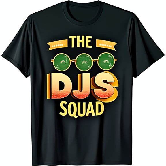 Bold Black T-Shirt with Retro DJ Graphic & Cool Green Sunglasses Design