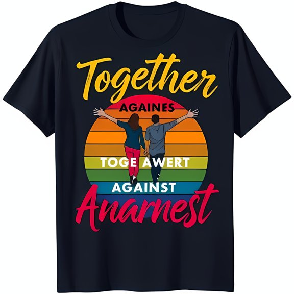 Bold Black T-Shirt with Retro Rainbow Graphic: 'Together Against ' Design