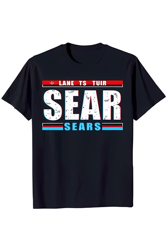 Bold Black T-Shirt with 'SEAR' Graphic Digital Design & Stripes