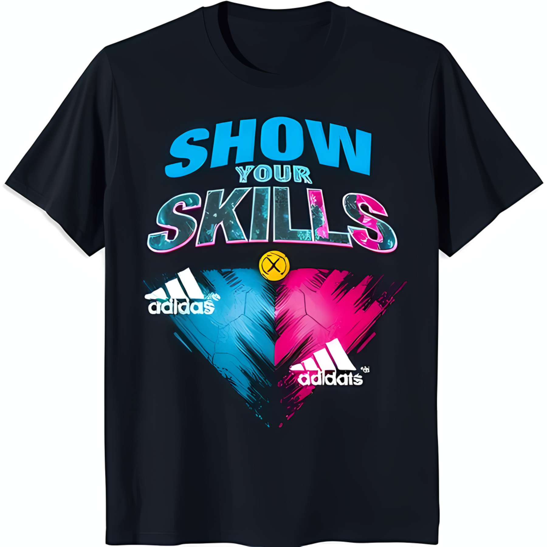 Bold Black TShirt with 'SHOW YOUR SKILLS' Graphic & Soccer Ball Design