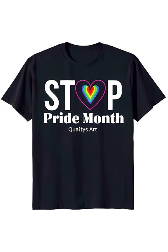 Bold Black T-Shirt with 'STOP Pride Month' Graphic & Rainbow Heart Design