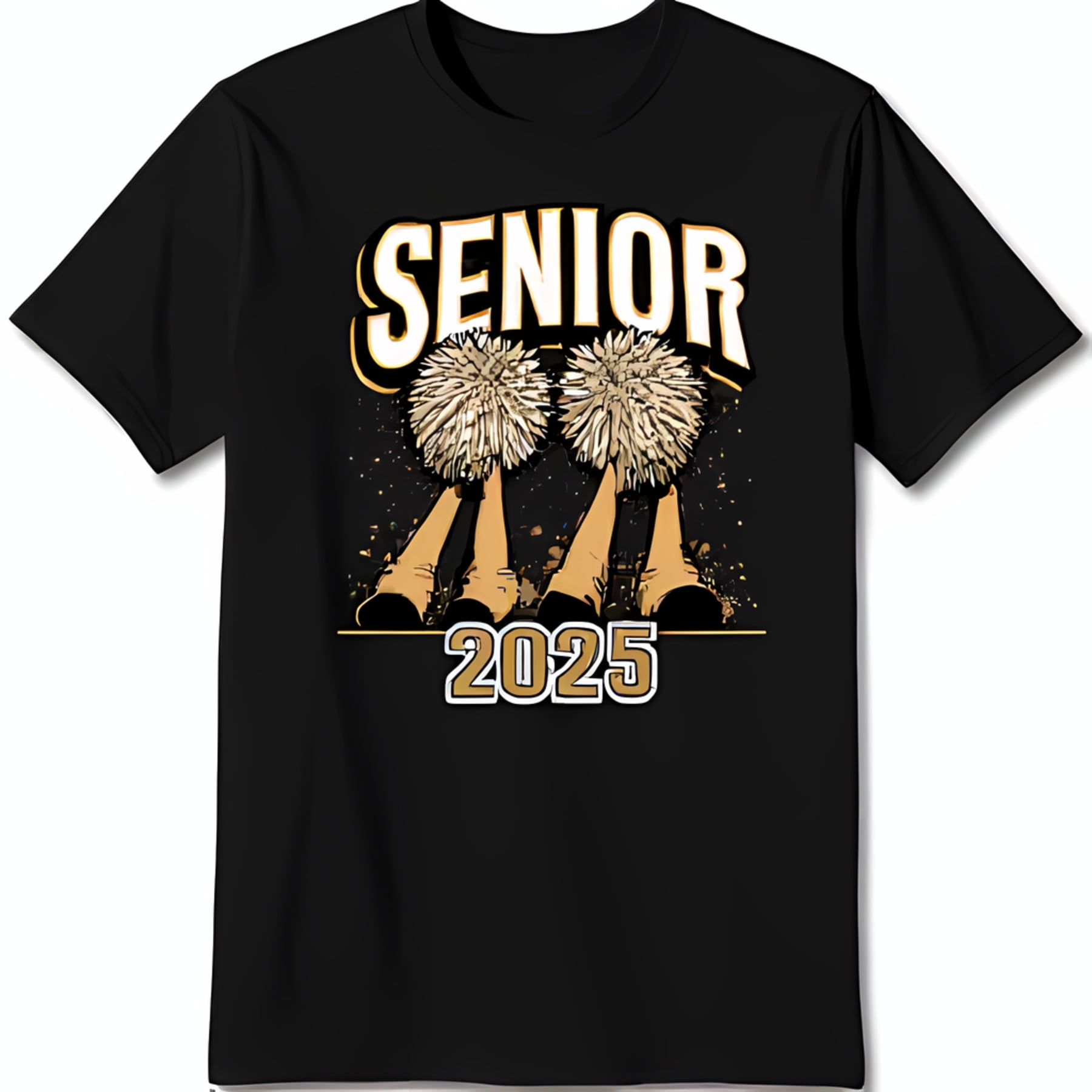 Bold Black TShirt with Senior Graphic Cartoon Pom Poms & 2025 Design