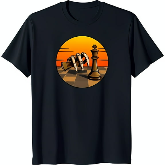 Bold Black T-Shirt with Skeleton Hand Playing Chess Graphic Unique & Stylish