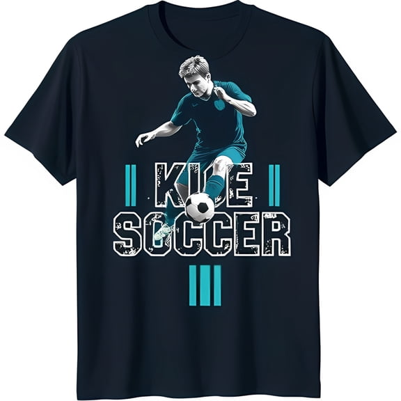 Bold Black T-Shirt with Soccer Player Graphic: 'I Kick Soccer' Design