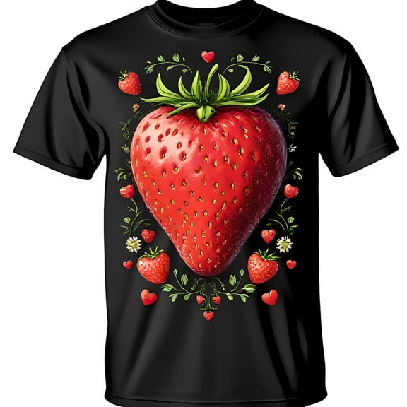 Bold Black T-Shirt with Strawberry Graphic Design & Hearts