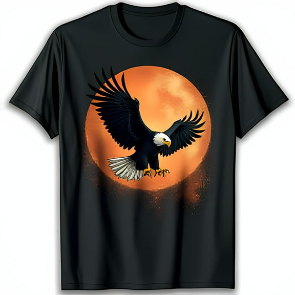 Bold Black T-Shirt with Striking Bald Eagle Graphic Against Moon