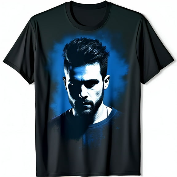 Bold Black T-Shirt with Striking Blue & Black Graphic Face Design