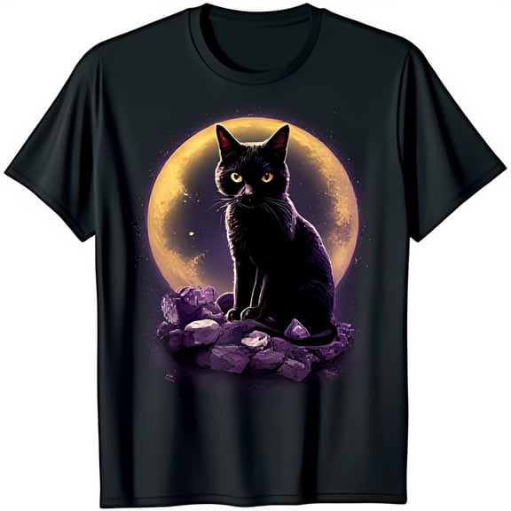 Bold Black T-Shirt with Striking Cat Graphic and Golden Moon Design