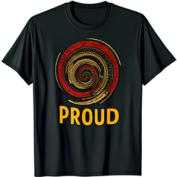 Bold Black T-Shirt with Striking Red & Gold Swirling Graphic PROUD Statement Tee