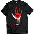 thumbnail image 1 of Bold Black T-Shirt with Striking Red Handprint Graphic & Intriguing Text, 1 of 5