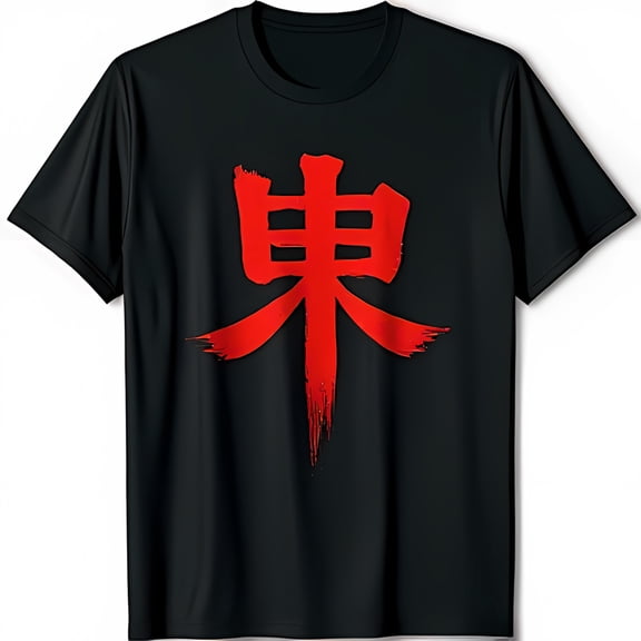 Bold Black T-Shirt with Striking Red Kanji Character Eye Catching Design for Unique Style