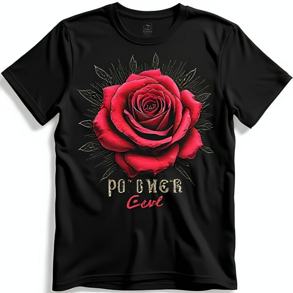 Bold Black T-Shirt with Striking Red Rose Graphic & Golden Empowering 'POWER Girl' Design