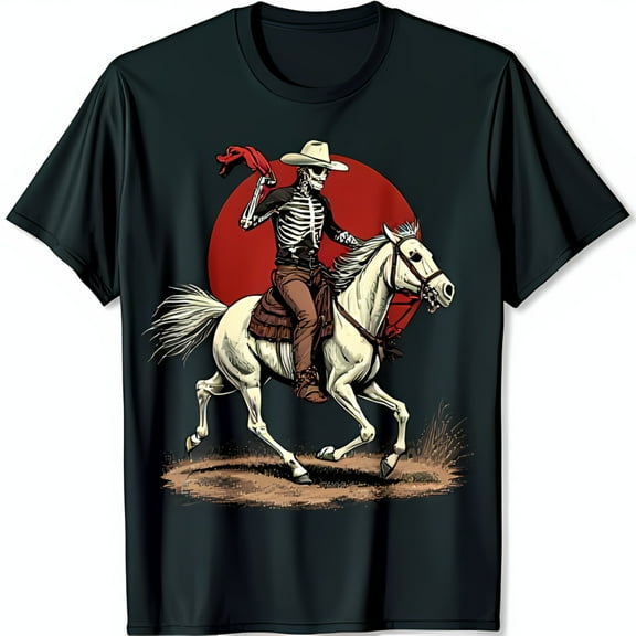 Bold Black T-Shirt with Striking Skeletal Cowboy Graphic Against Sunset