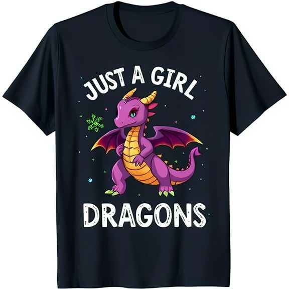 Bold Black T-Shirt with Striking White Graphic & 'Just A Girl Dragons' Text