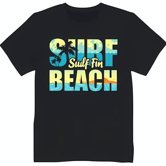 Bold Black T-Shirt with 'Surf Sulf Fin Beach' Graphic Trees & Sunset