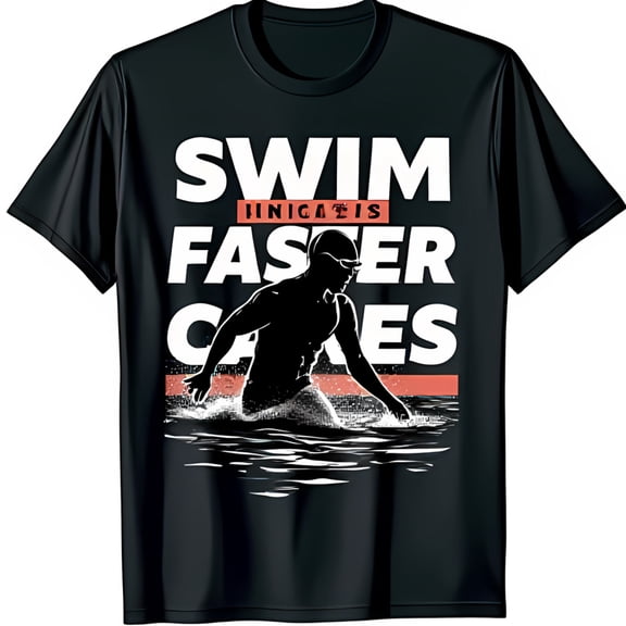 Bold Black T-Shirt with Swimmer Graphic & Swim Faster Cares Text