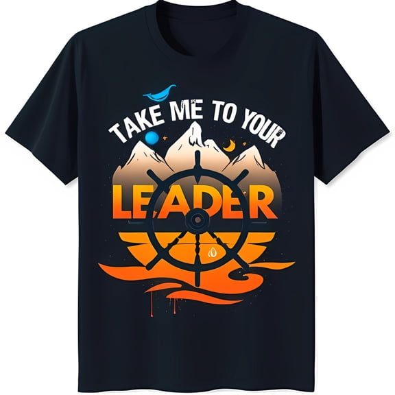 Bold Black T-Shirt with 'Take Me To Your Leader' Graphic & Fiery Ship's Wheel Design