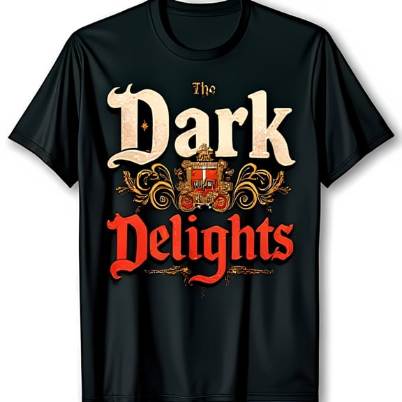 Bold Black T-Shirt with The Dark Delights Graphic Striking White Gold & Red Design