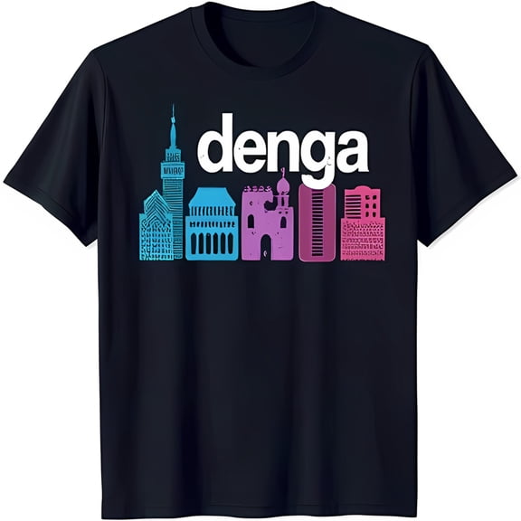 Bold Black T-Shirt with Unique 'Deng' Graphic & Colorful Building Silhouettes