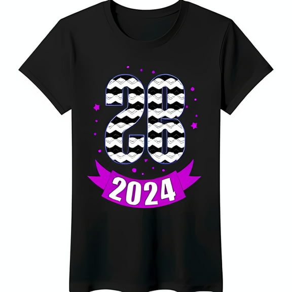Bold Black T-Shirt with Vibrant '26' Graphic & Ribbon 2024