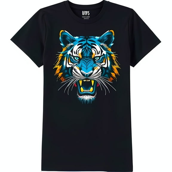 Bold Black T-Shirt with Vibrant Face Graphic Blue Yellow & Green Design