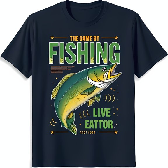 Bold Black T-Shirt with Vibrant Fish Graphic Stars & Banners for Enthusiasts