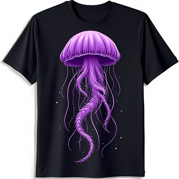 Bold Black T-Shirt with Vibrant Jellyfish Graphic Eye Catching