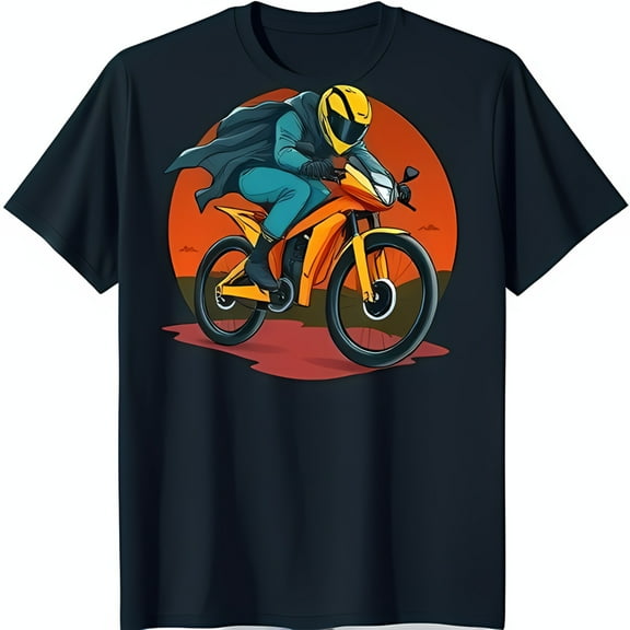 Bold Black T-Shirt with Vibrant Motorcycle Rider Graphic Sunset Design
