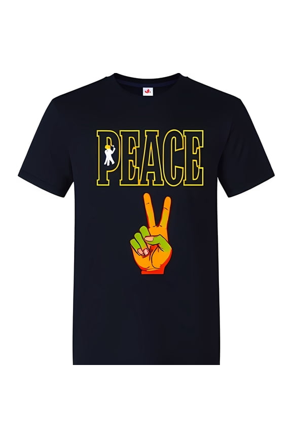 Bold Black T-Shirt with Vibrant 'Peace' Graphic and Colorful Hand Design