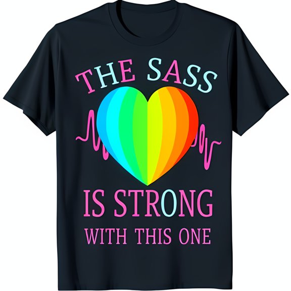 Bold Black T-Shirt with Vibrant Rainbow Heart & Strength Graphic