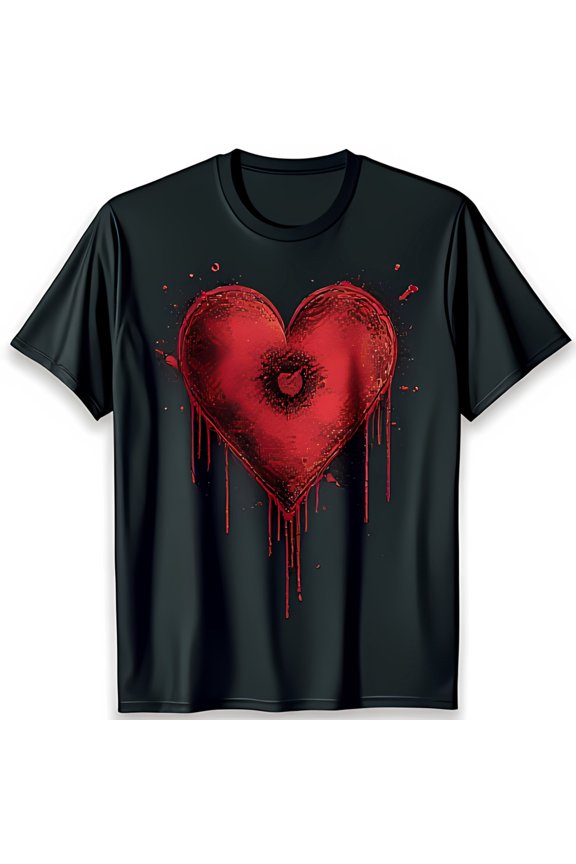 Bold Black T-Shirt with Vibrant Red Dripping Heart Graphic Edgy Bleeding Heart Design