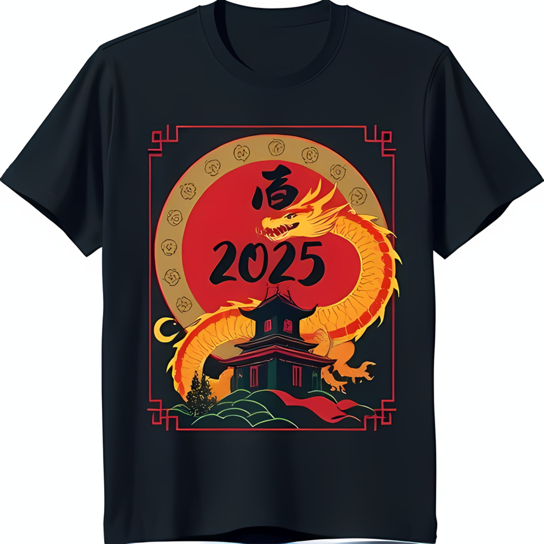 Bold Black TShirt with Vibrant Red Sun & Yellow Graphic 2025 Design