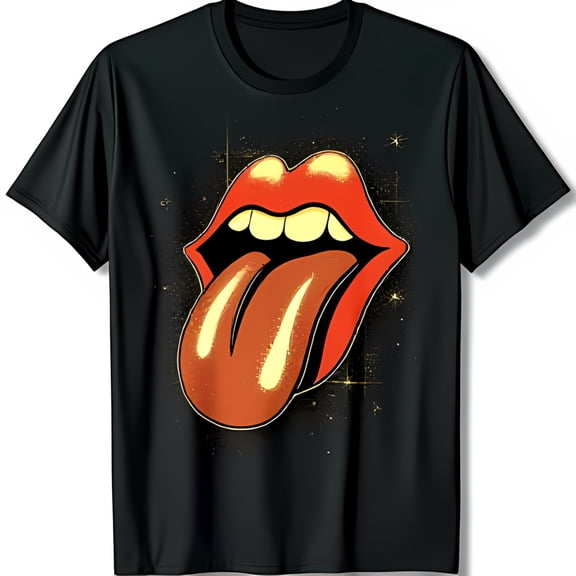 Bold Black T-Shirt with Vibrant Red and Gold Tongue & Lips Graphic